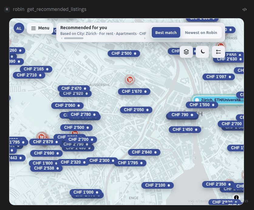 Robin recommendations displayed on a map with best-match and newest controls